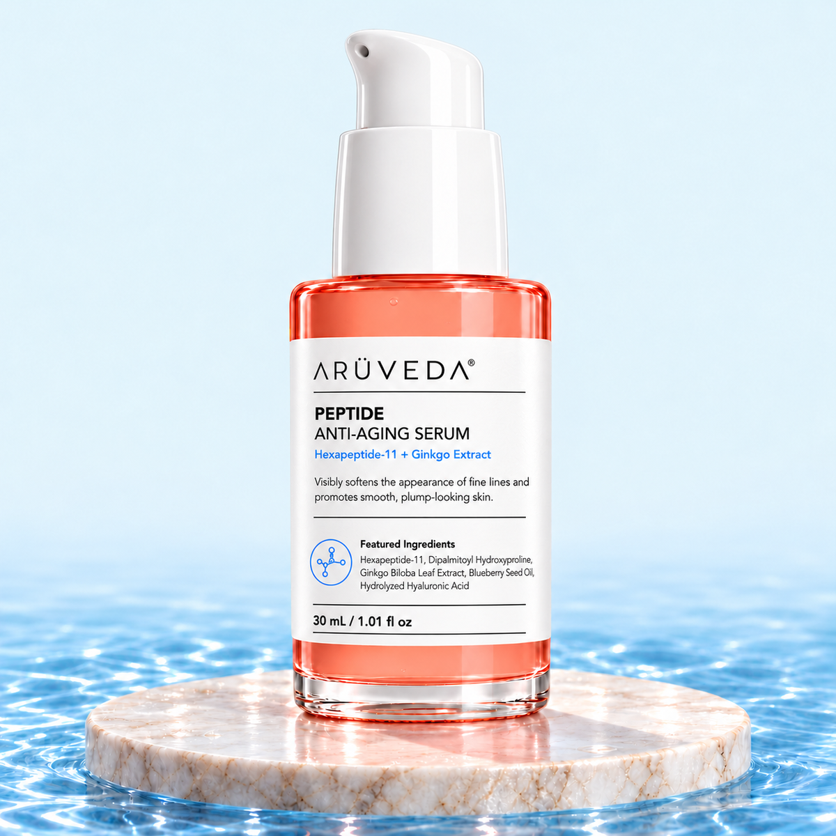 ARÜVEDA Peptide Anti-Aging Serum on blue water and ivory stone